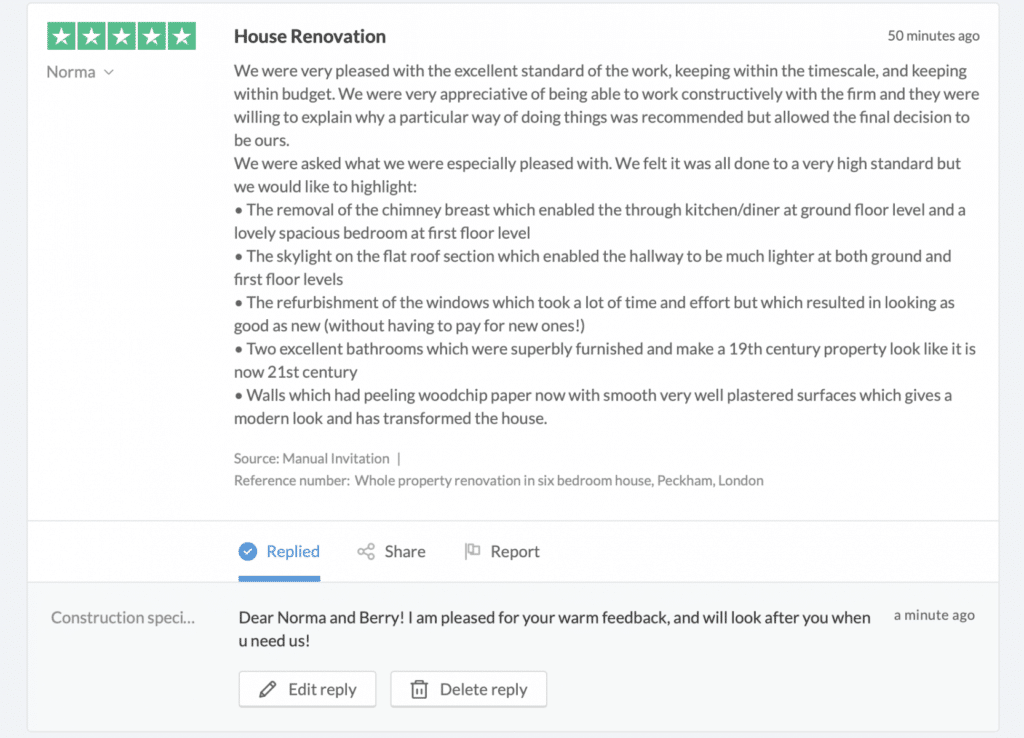 Feedback left by the customer Feedback left by the customer
