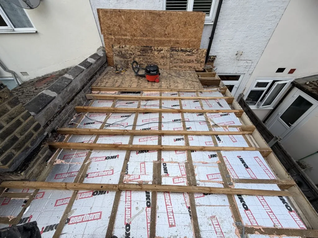 Flat roof repairing work, Custom House, E16 (before)